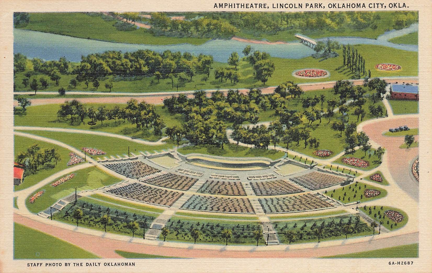 A vintage postcard shows a view of the Oklahoma City Zoo Amphitheater.