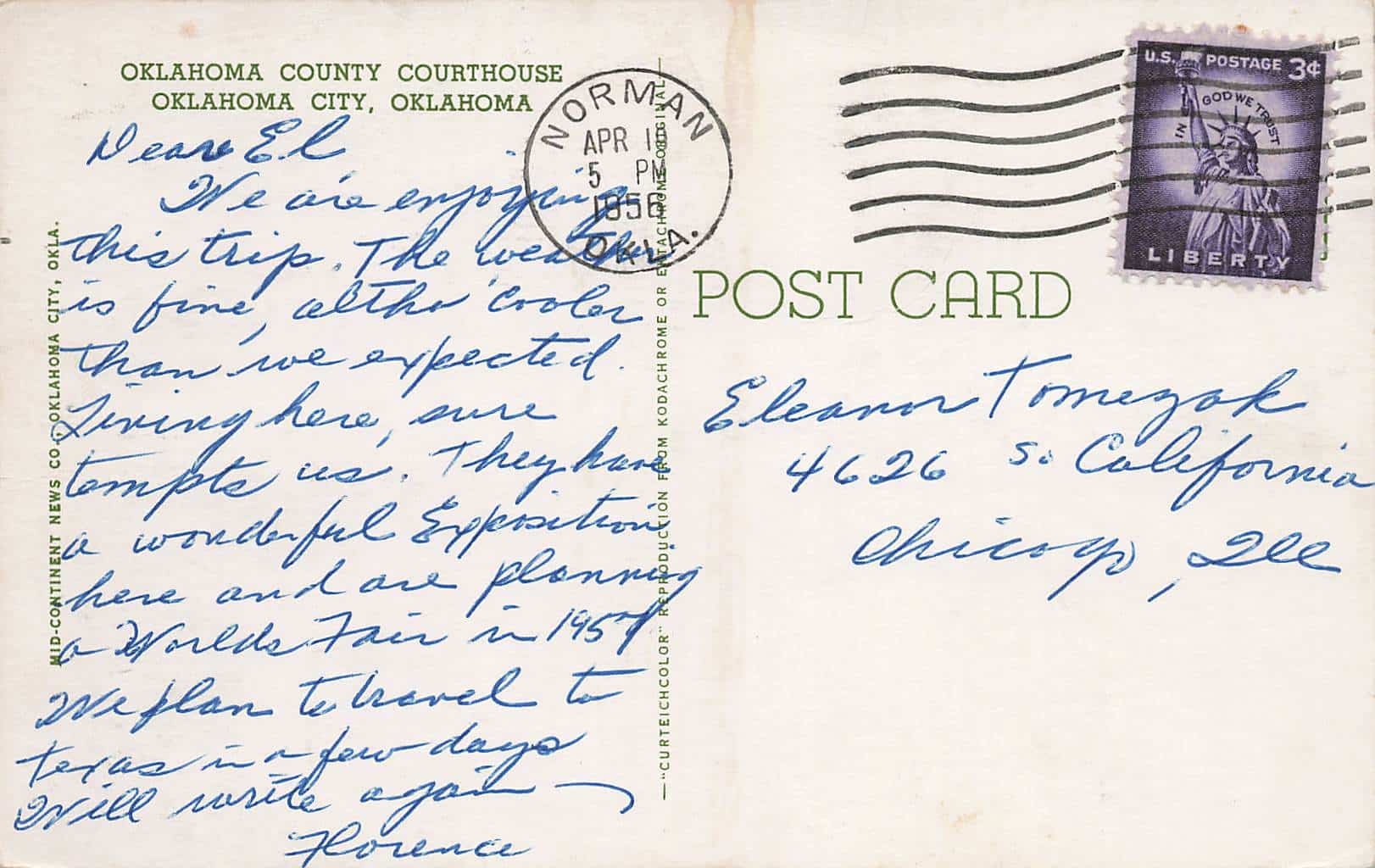 A postcard from the Oklahoma County Courthouse with a handwritten note on it.