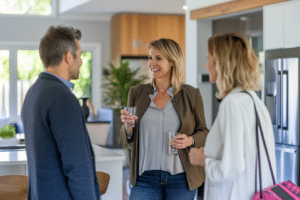 A Realtor and potential buyers discussing open house marketing ideas in a kitchen.