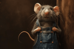 An Oklahoma rat in overalls is standing in front of a wall, emphasizing the need for pest control and prevention in Oklahoma.