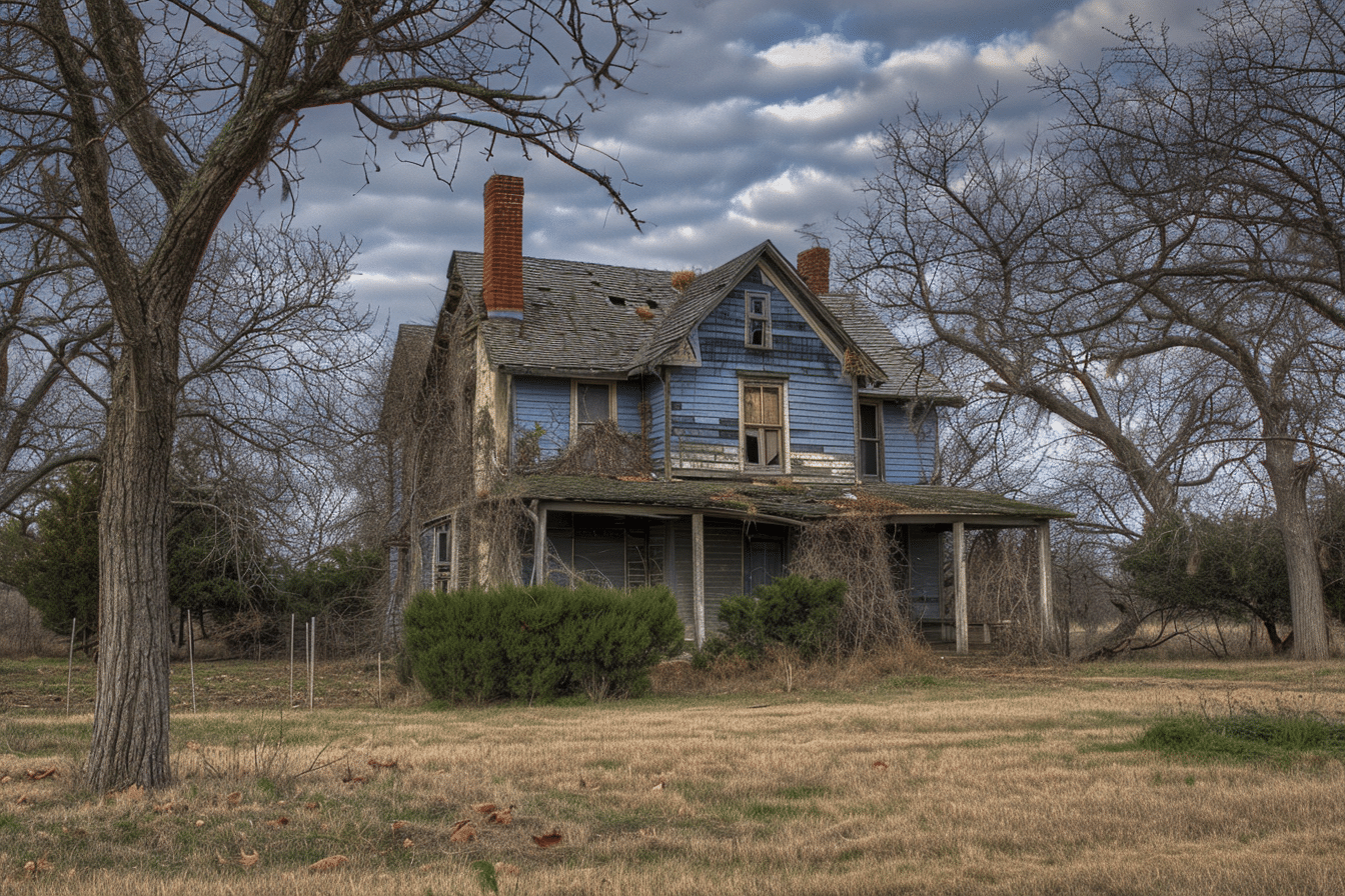 A blue house, nestled in the middle of a wide-open field, giving it an air of eeriness!
