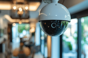 A smart CCTV camera is hanging on a wall as part of smart home security systems.