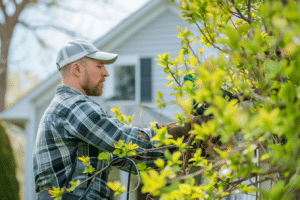 A man starts his spring home maintenance checklist by cutting a tree in front of his house.