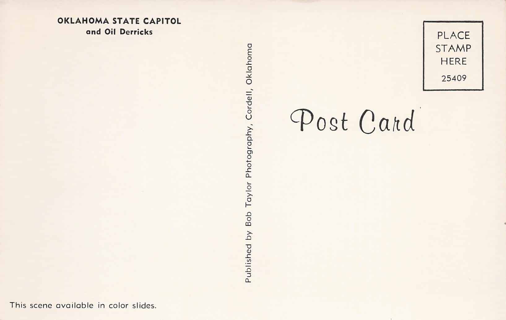 State Capitol oil derricks postcard back.