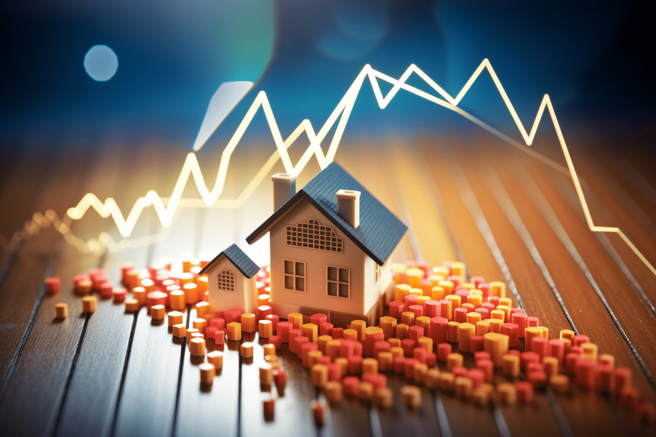 A house and a graph on a wooden floor, illustrating understanding mortgage rates.