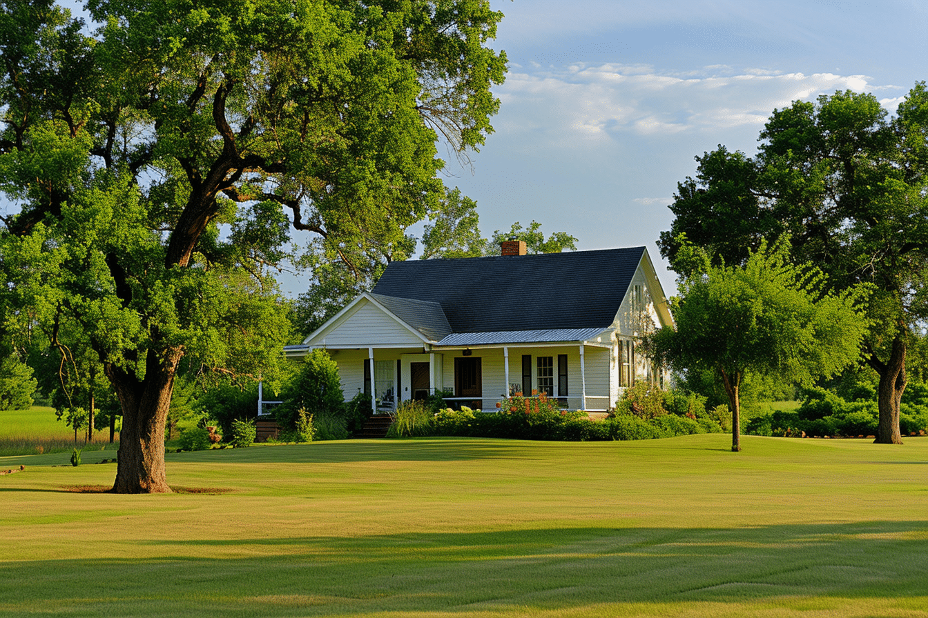 A white house in the middle of a green field, eligible for USDA loans.