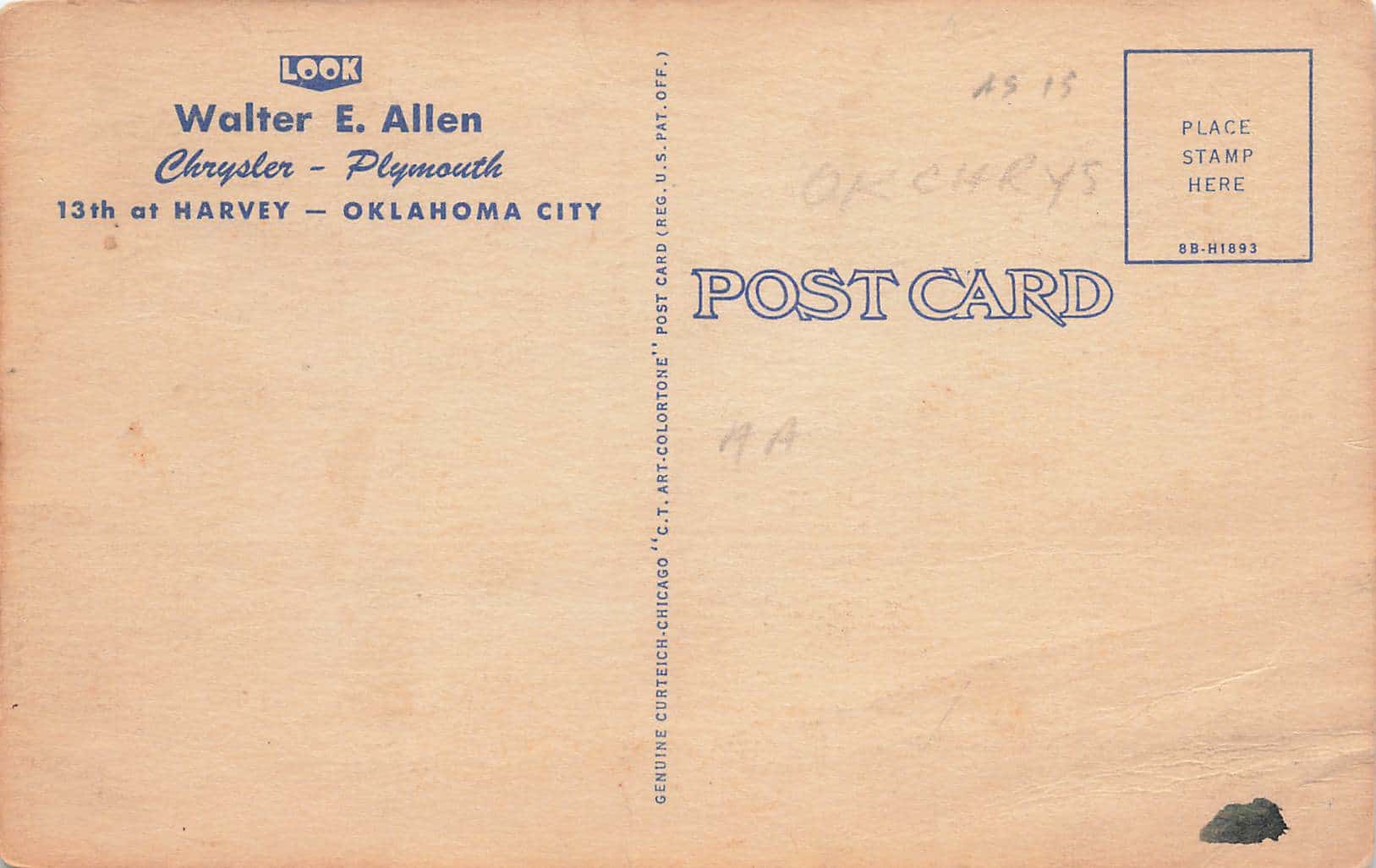 A postcard featuring Walter E. Allen and the logo of Chrysler Plymouth, located in Oklahoma City.