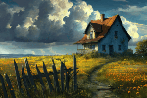A charming house amidst a vast field, enclosed by a rustic fence and adorned with vibrant flowers. When to refinance your mortgage.