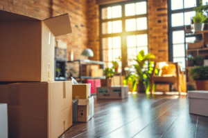 Moving boxes in a living room raise the question - when to start packing.