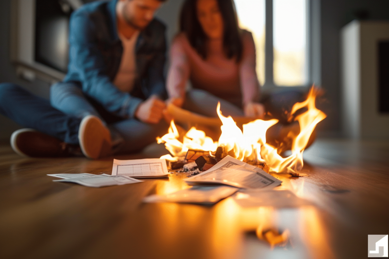 Should you pay off your mortgage early? A man and woman are sitting on the floor burning their mortgage after paying it off.