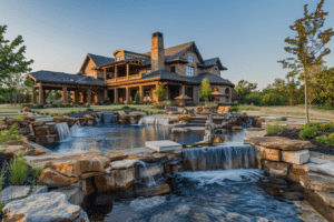 Luxurious estate with cascading waterfalls and landscaped pond in the foreground. Tips for selling your luxury home in any market conditions.