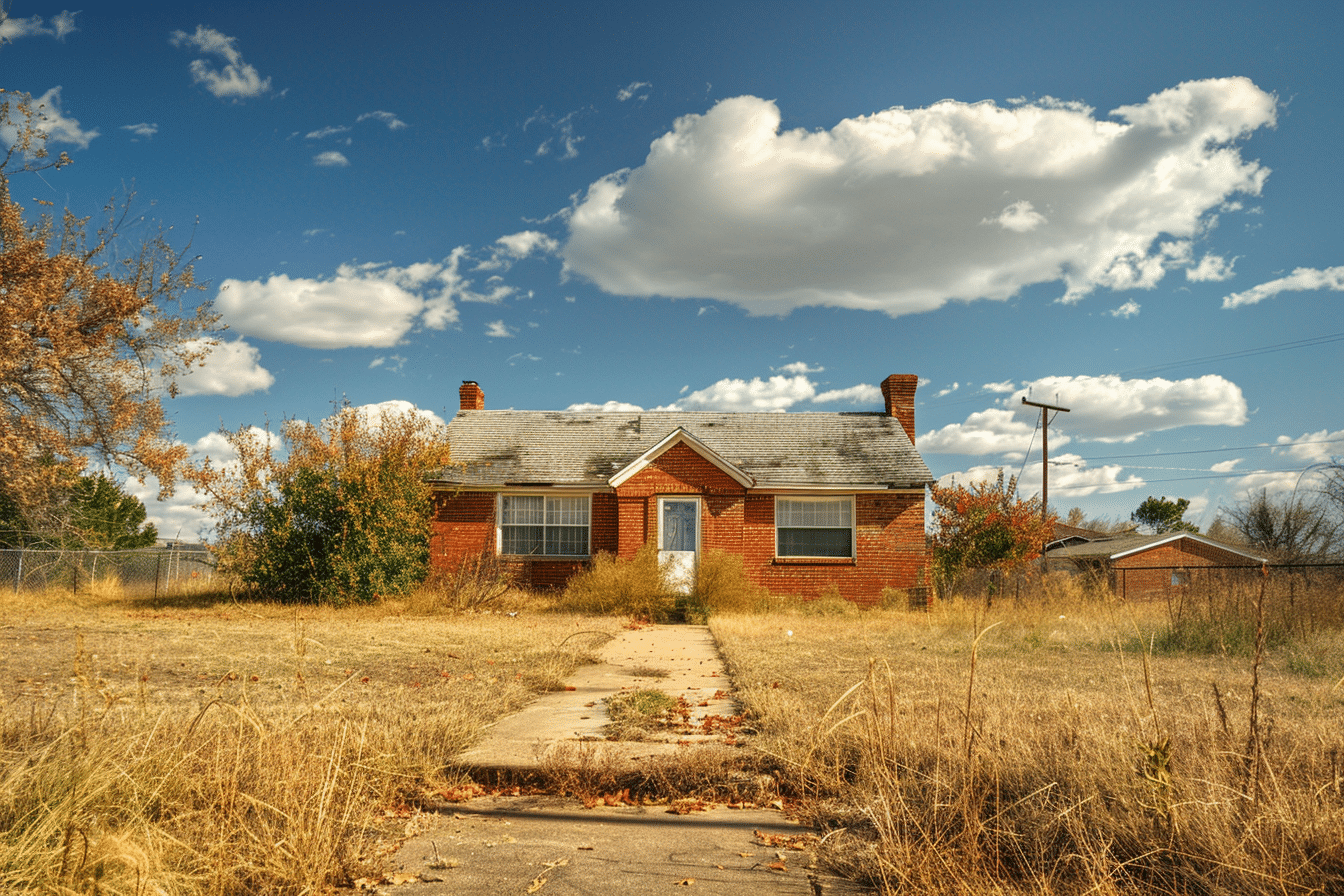 A small, weathered brick house with a deteriorating roof sits in a dry, overgrown yard under a partly cloudy sky, the classic challenge when selling a home in poor condition.