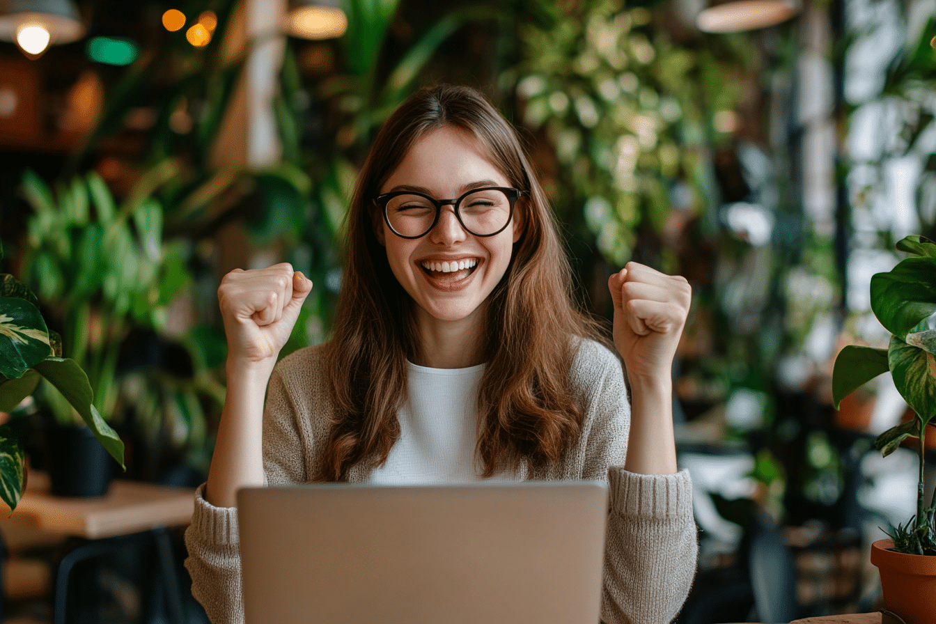 Do you really need a real estate agent? A woman with glasses and a wide smile raises her fists in excitement while sitting in front of a laptop in a plant-filled room.