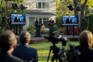 How will the 2024 election affect real estate? Two presidential candidates hold a debate in front of a home.