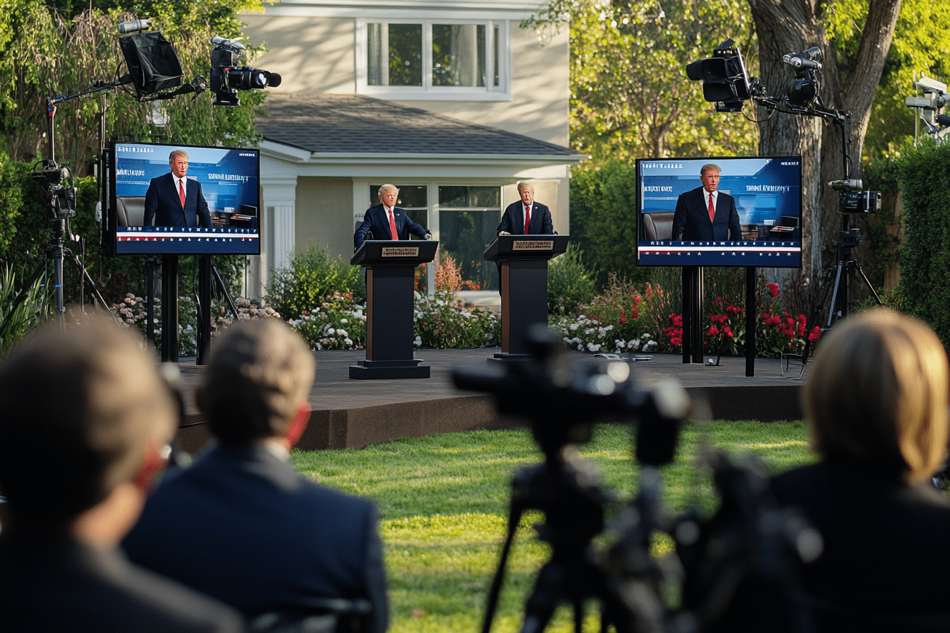 How will the 2024 election affect real estate? Two presidential candidates hold a debate in front of a home.