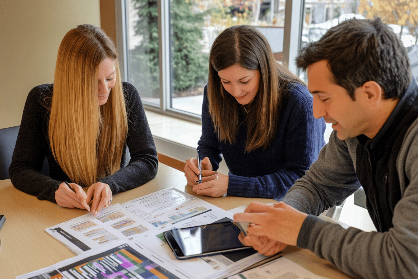 Three people are seated at a table working on documents and charts, specifically analyzing the Oklahoma City housing market, with a tablet placed on the table. They appear focused and engaged in their tasks.