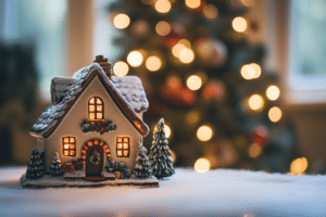 A miniature snowy house with holiday decorations sits on a table, with a blurred Christmas tree and festive lights in the background.