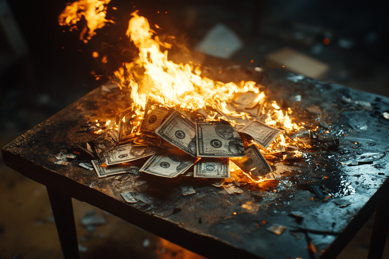 Burning pile of U.S. dollar bills on a metal surface, with flames and smoke rising.