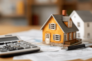 A miniature house model, a calculator, and documents on a table symbolize real estate at tax time.