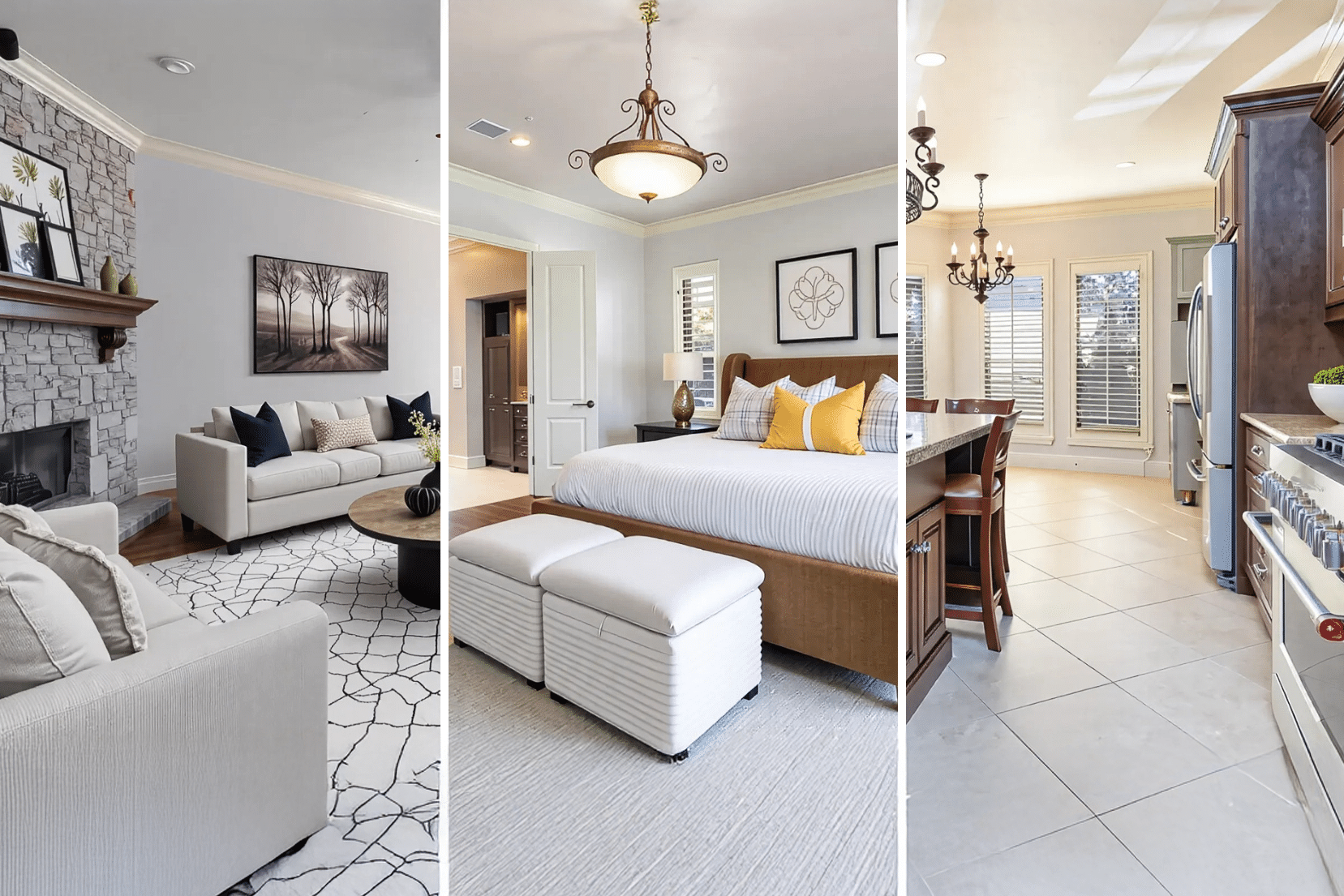 2025 Housing Market Predictions Three side-by-side images show a living room with a fireplace, a bedroom with a large bed, and a kitchen with wooden cabinets and stainless steel appliances.