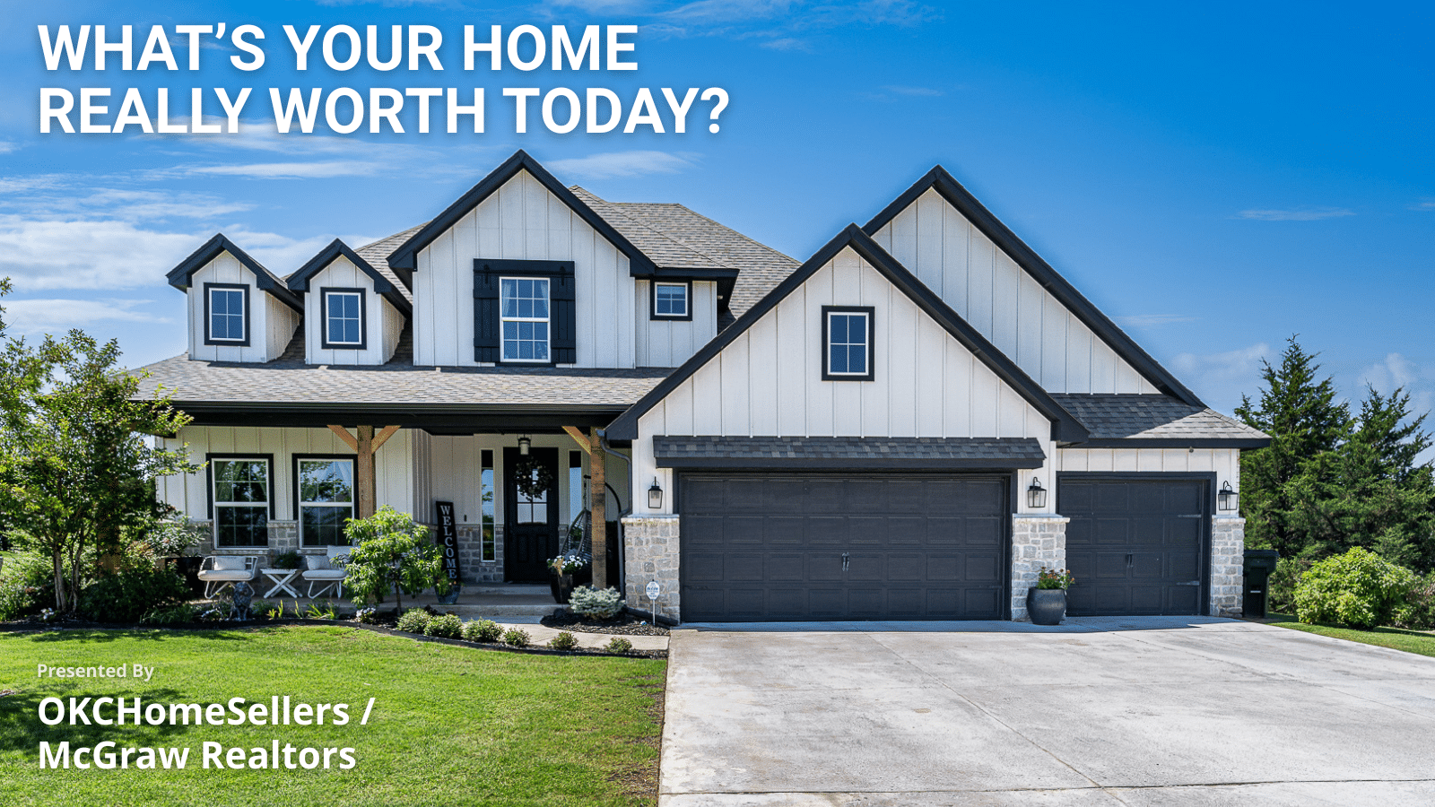 GET YOUR HOME VALUE NOW (1) Modern two-story house with black and white exterior, a three-car garage, and a manicured lawn, with free home valuation text overlaid.