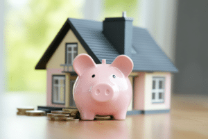 A pink piggy bank and stacked coins are placed in front of a model house on a wooden surface, symbolizing savings or investments in real estate.