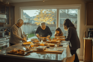 A multigenerational family prepare and serve food together around a kitchen island in a sunlit home, with a backyard visible through large windows.