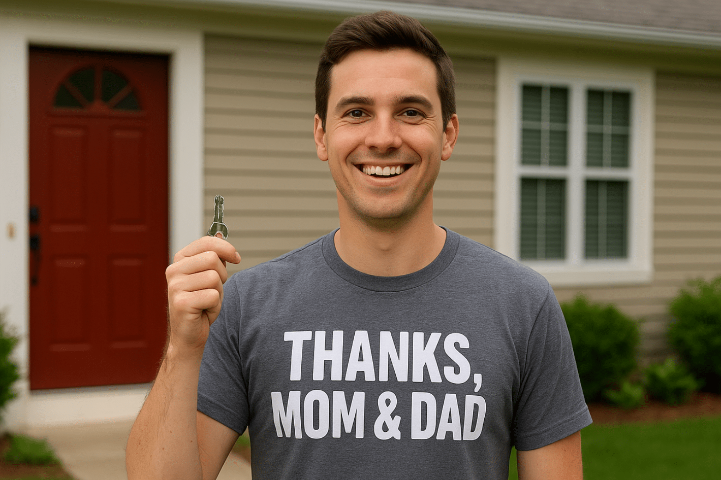 A smiling man stands in front of a house holding a key, wearing a gray shirt that says "THANKS, MOM & DAD.