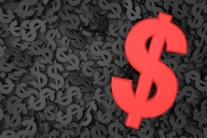 A large red dollar sign stands out among many smaller black dollar signs on a dark background.