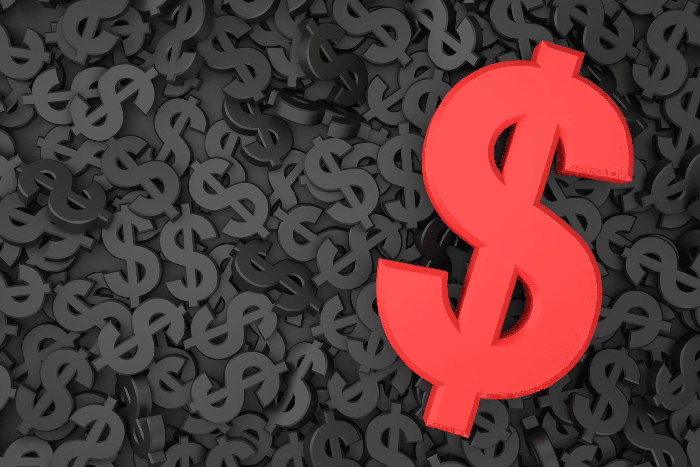 seller-pricing-strategies A large red dollar sign stands out among many smaller black dollar signs on a dark background.