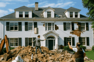 Two men stand amid rubble in front of a large, damaged white house with exposed wood and missing shingles; a wrecking ball hangs nearby.