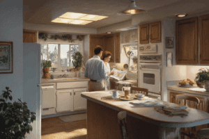 A couple stands together in a sunlit kitchen, reading a newspaper by the counter; breakfast items and plants are visible around the room.