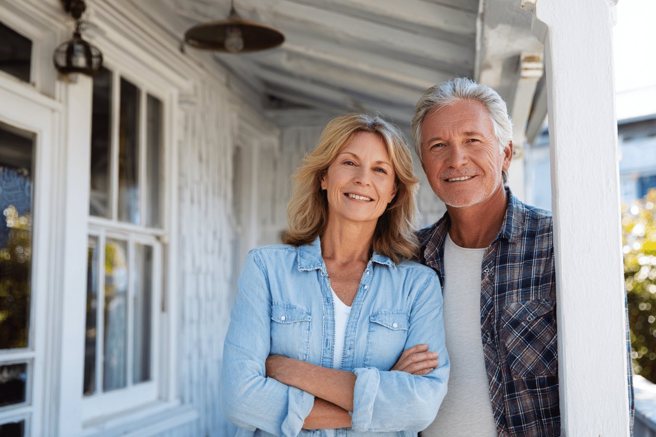 A couple stand side by side and smile on the porch of a house on a sunny day as they consider getting their home ready to sell.