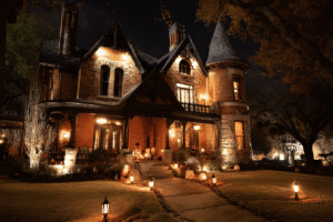 A large, brick Victorian-style house at night, illuminated by outdoor lights and surrounded by pumpkins and lanterns along the walkway.