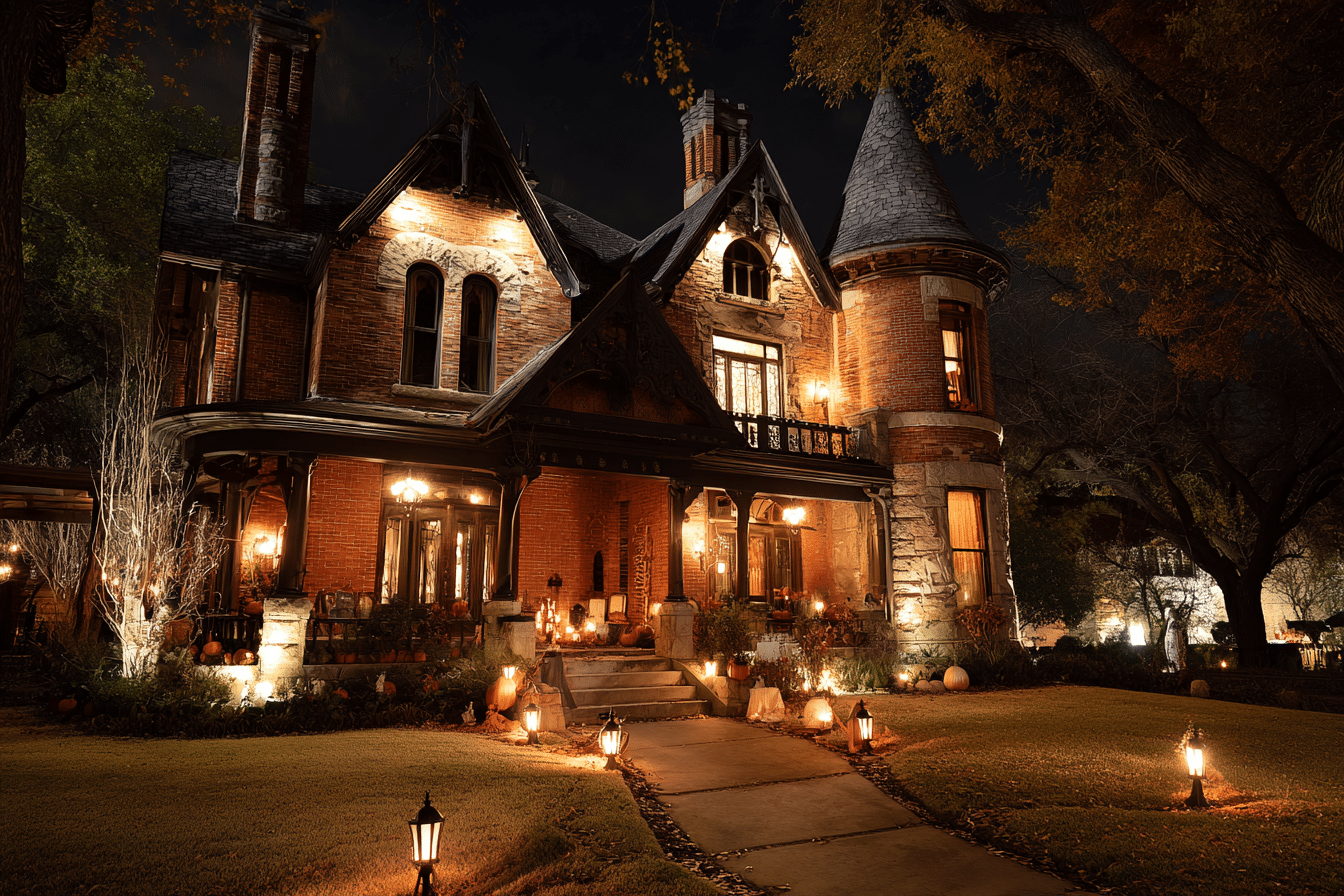 11-haunting-housing-myths A large, brick Victorian-style house at night, illuminated by outdoor lights and surrounded by pumpkins and lanterns along the walkway.
