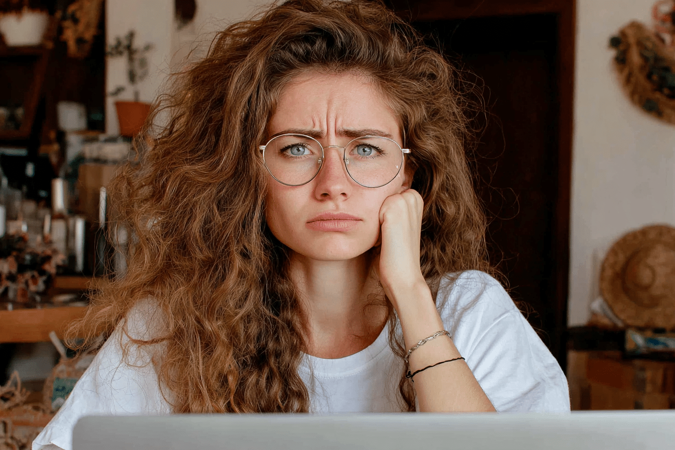 A woman with long curly hair and glasses sits indoors, resting her chin on her hand, and looking at the camera with a serious, slightly furrowed expression.