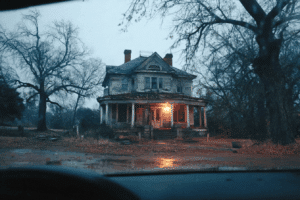 A large, old, two-story house with peeling paint and a wraparound porch sits among leafless trees at dusk, lit by a single porch light.