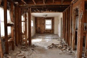 Interior of a house under renovation with exposed wooden wall studs, ceiling beams, debris on the floor, and no finished surfaces.