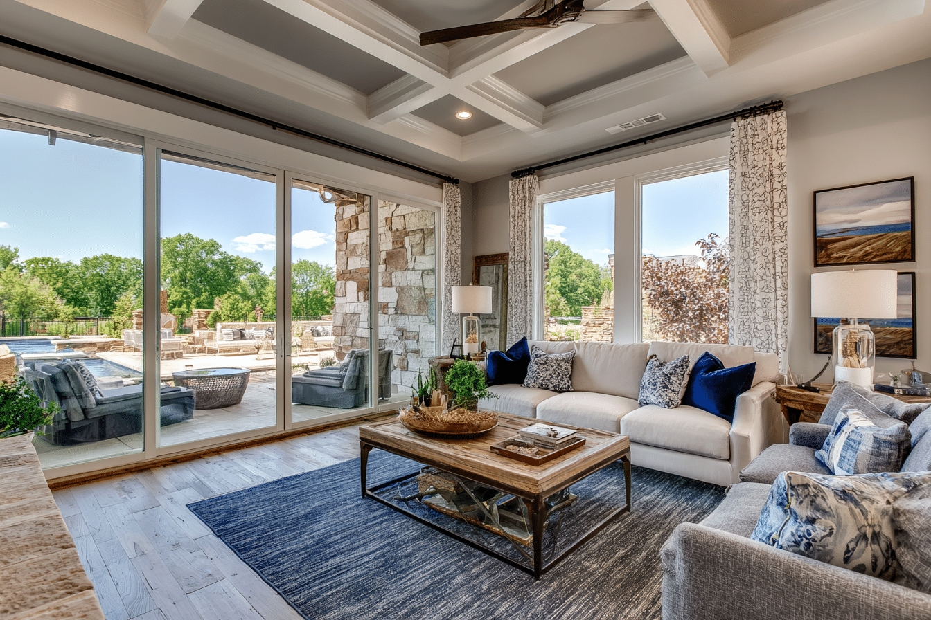 Bright living room with large windows, neutral furniture, a blue rug, and a view of a sunny patio area with outdoor seating and a pool.