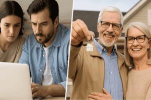 Split image: On the left, a young couple looks at a laptop. On the right, an older smiling couple stands outside, holding house keys.