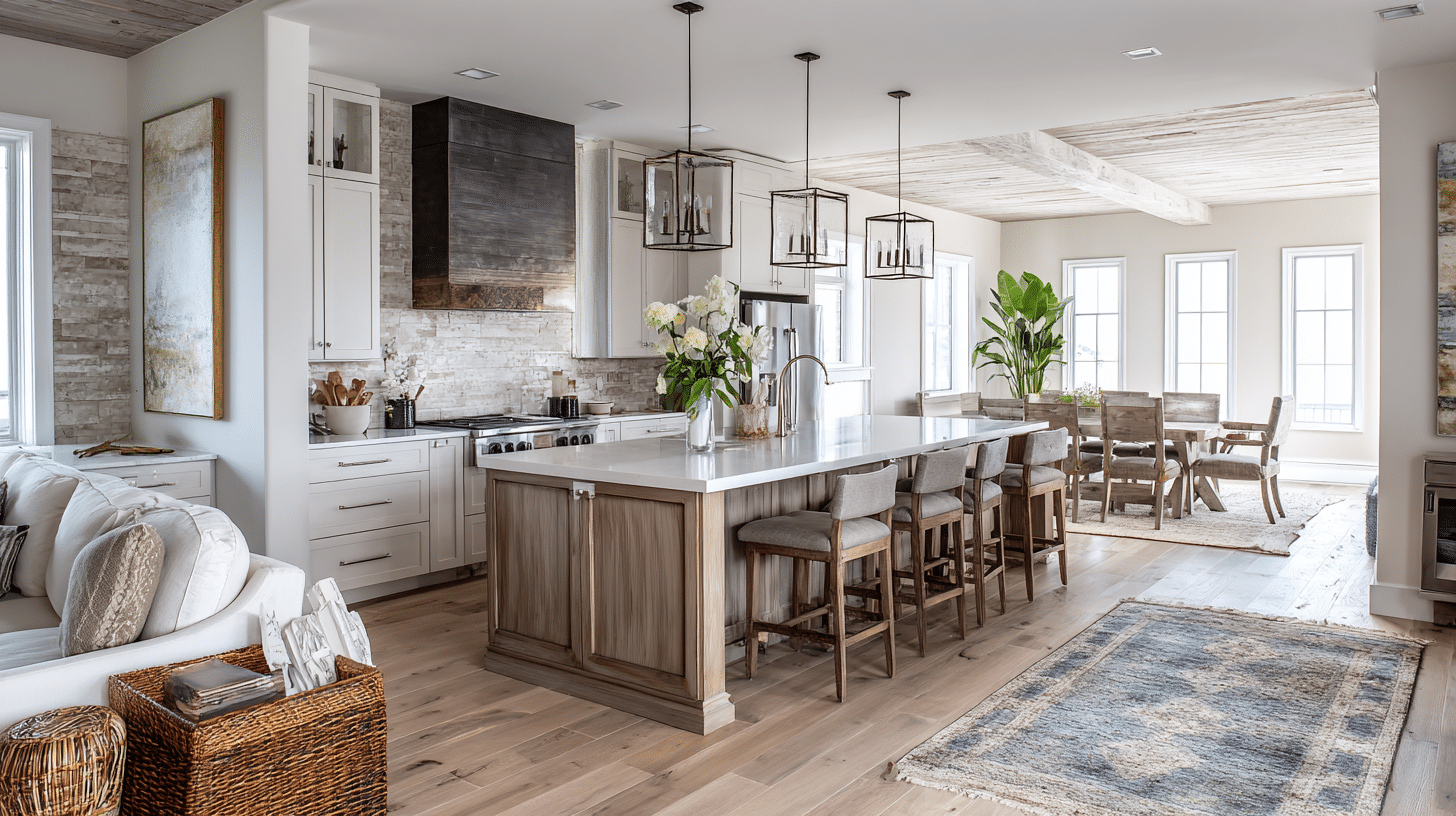 Modern kitchen with a large island, barstools, pendant lights, and open dining area featuring wood accents and neutral decor. Natural light streams through tall windows.