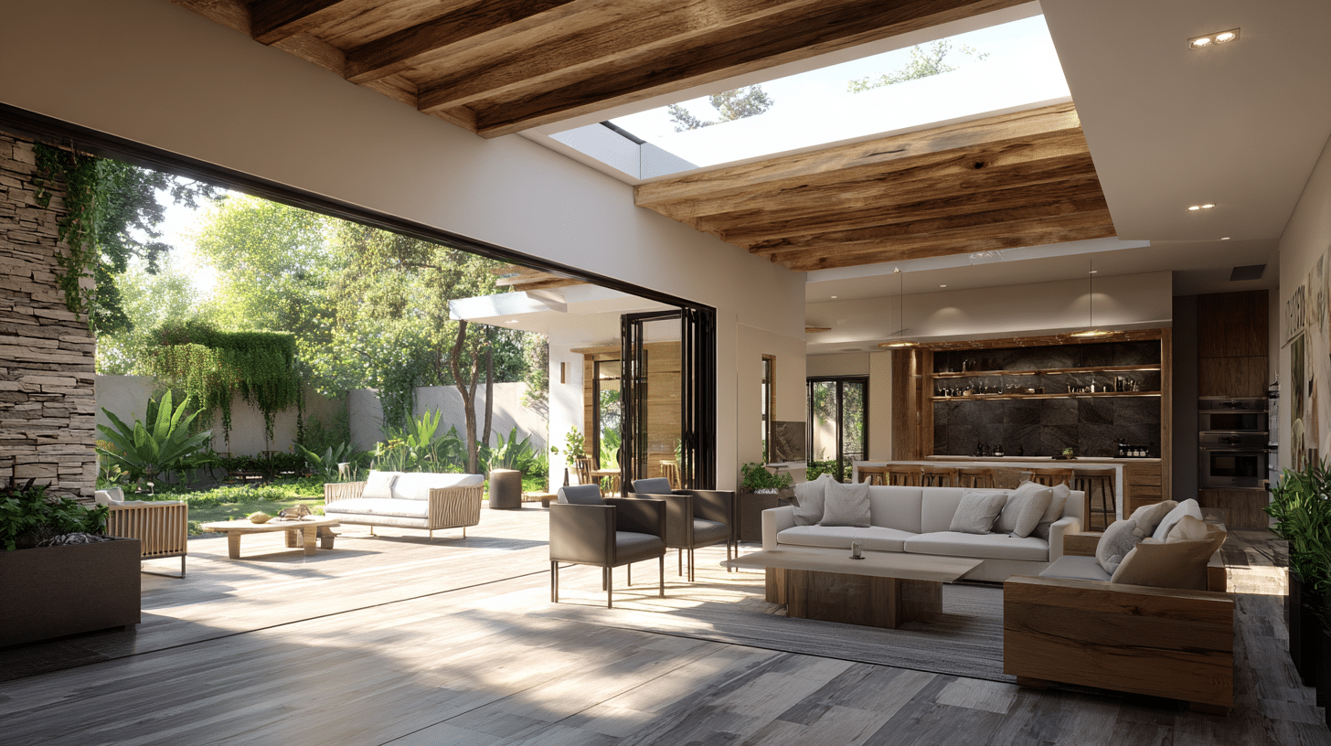 A modern open-concept living and dining area with wood accents opens to a lush garden, featuring large windows, skylights, and contemporary furniture.