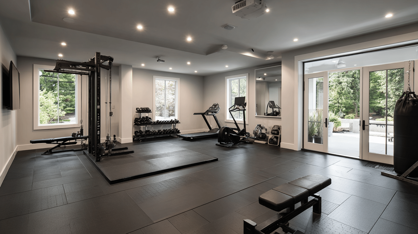 Modern home gym with weight rack, squat rack, cardio machines, exercise bench, punching bag, and large windows overlooking a garden patio.
