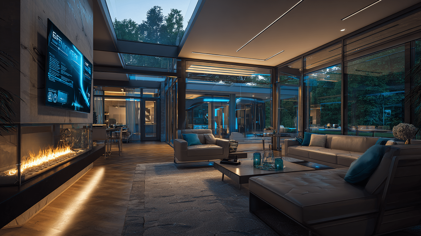 Modern living room with large glass walls, a long gas fireplace, sectional sofas, and a flat-screen TV, illuminated by soft artificial and natural light.