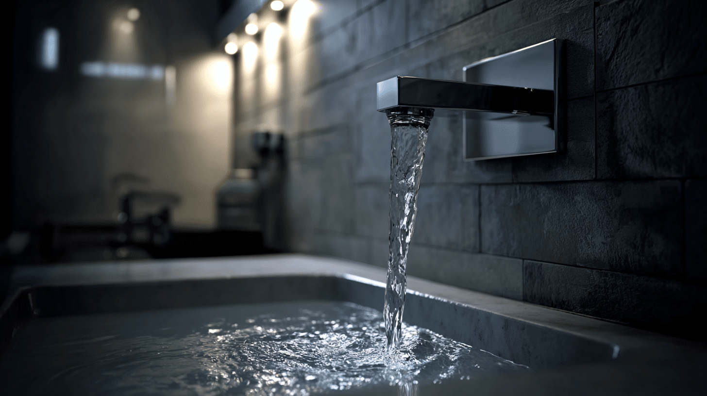 A modern faucet dispenses water into a rectangular bathroom sink with a grey tiled backsplash under soft lighting.