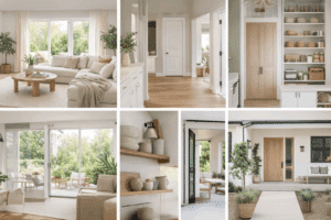Collage of modern, light-filled home interiors and exteriors featuring neutral colors, wooden accents, shelves with pottery, large windows, and landscaped greenery.