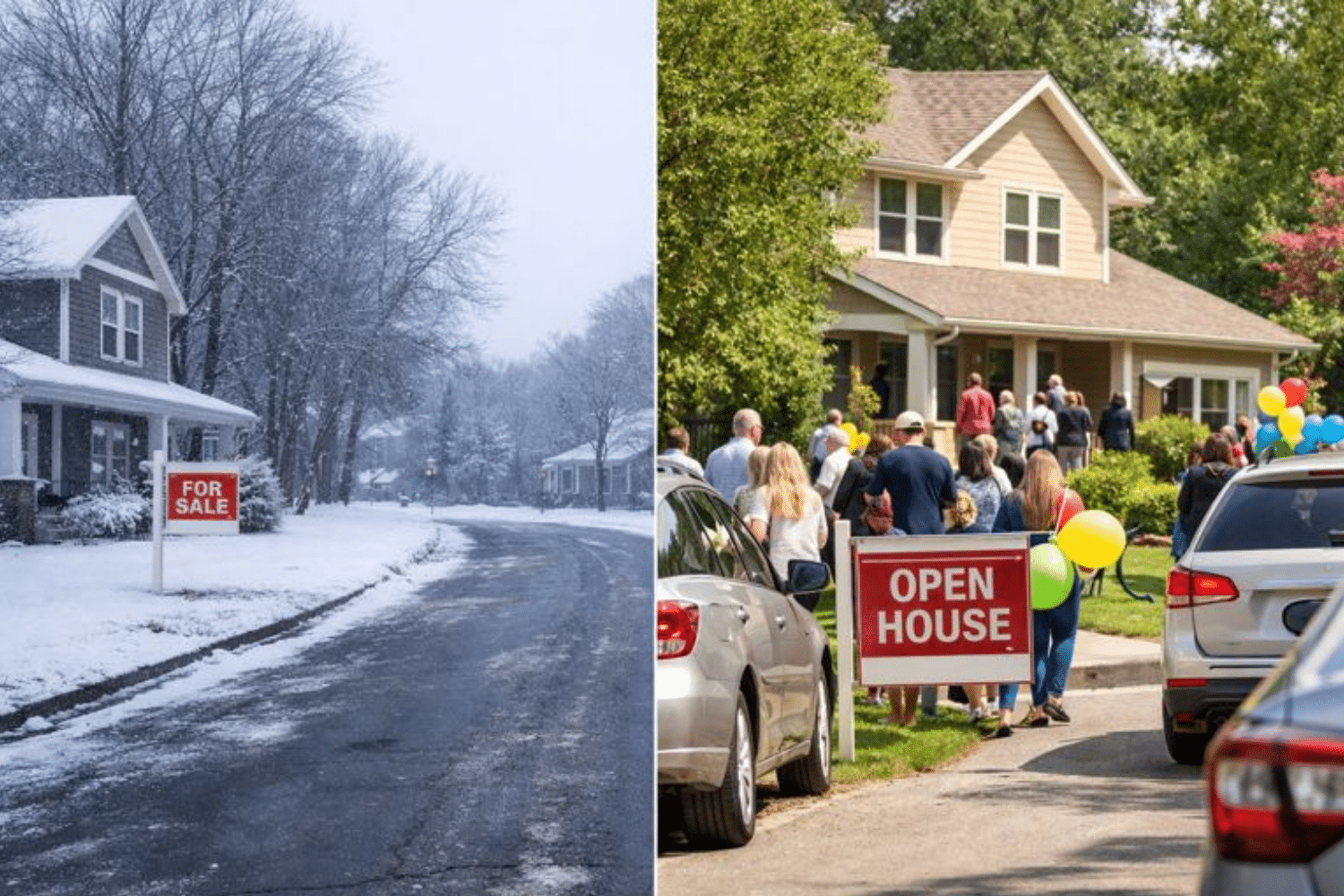 Split image: On the left, a house with a "For Sale" sign during winter; on the right, a spring open house with people and an "Open House" sign.