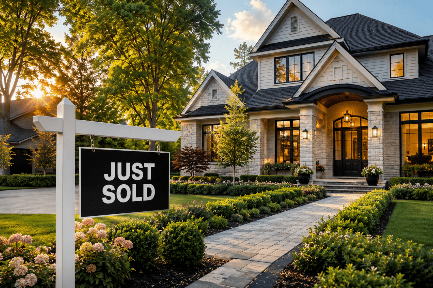 A large two-story house with a landscaped yard and a "Just Sold" sign in front, photographed at sunset.