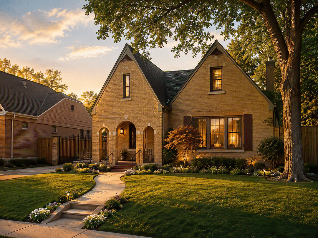 Brick Tudor-style home in Crestwood at golden hour