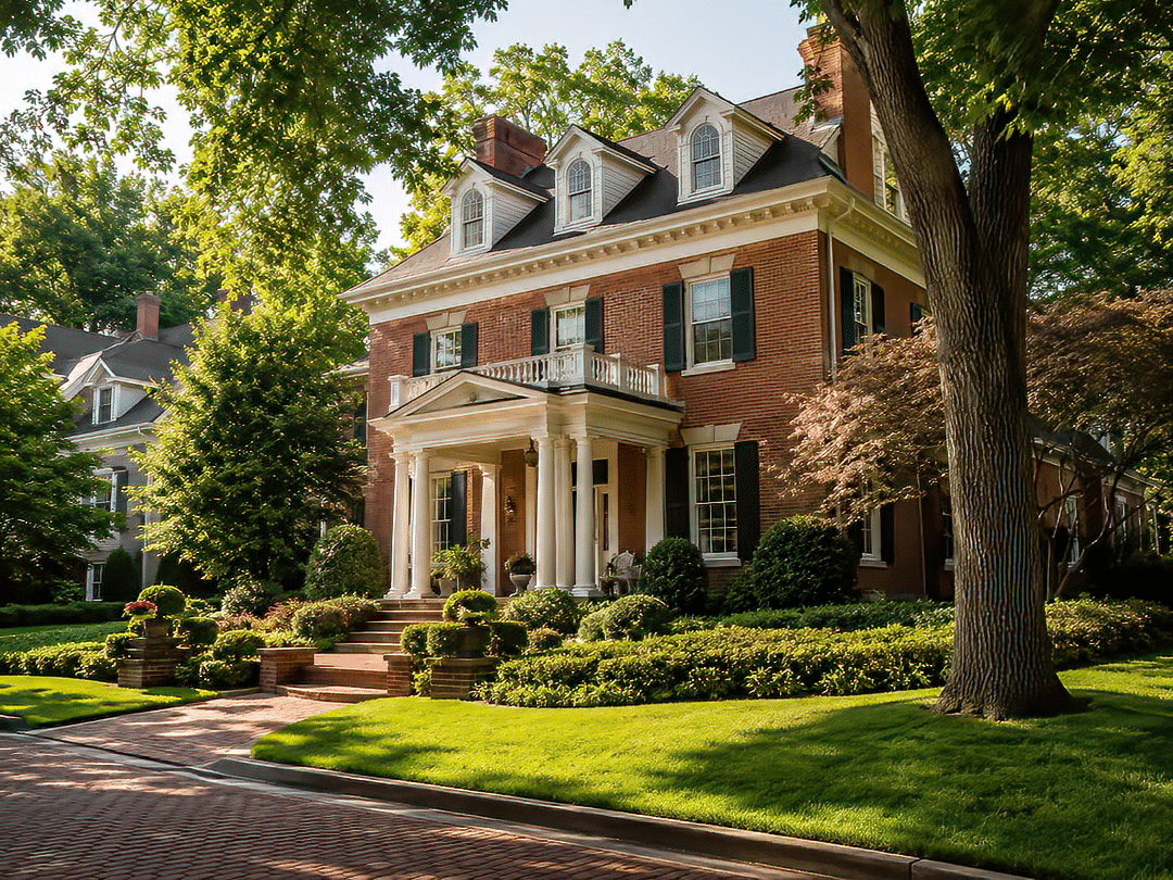 Traditional brick home in Crown Heights surrounded by mature trees and landscaping